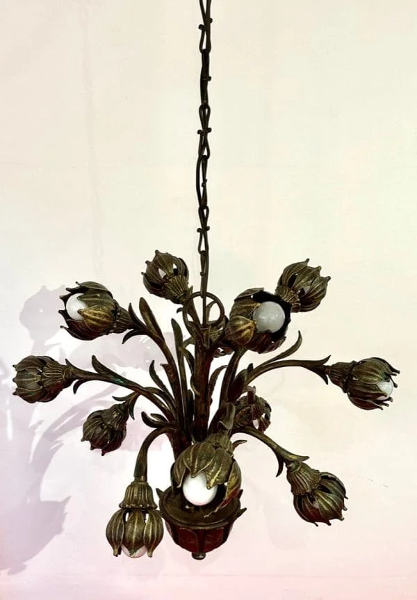 Mid Century German Cast Iron Faux Bronze 12 Light Chandelier - Image 8