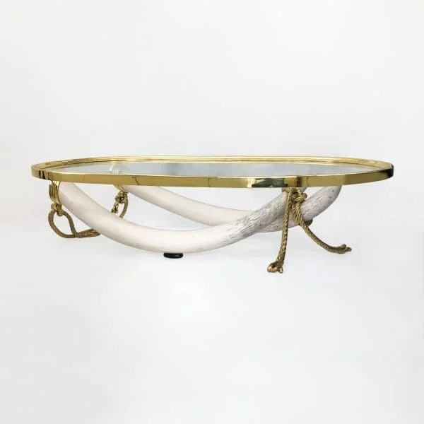 Hollywood Regency Valenti Faux Tusk brass glass Coffee Table 70s Midcentury 80s - Image 12