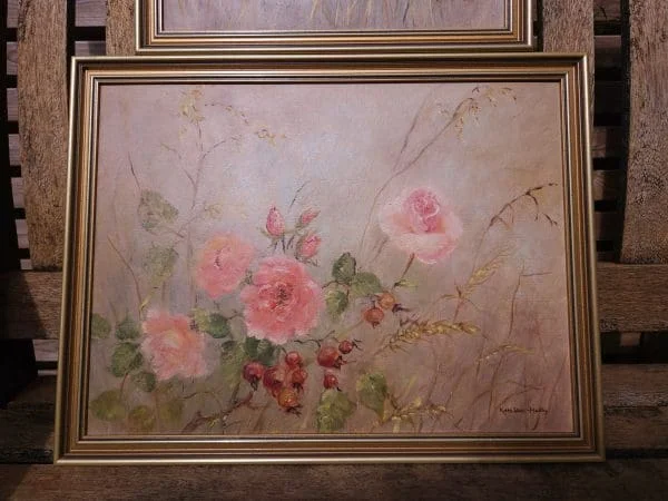 Pair of framed floral oil paintings by US artist Kathleen Hobbs