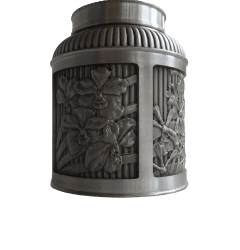 Art nouveau Royal Selangor Pewter Floral Tea Caddy With Orchid Scenes Over Ribbed Background