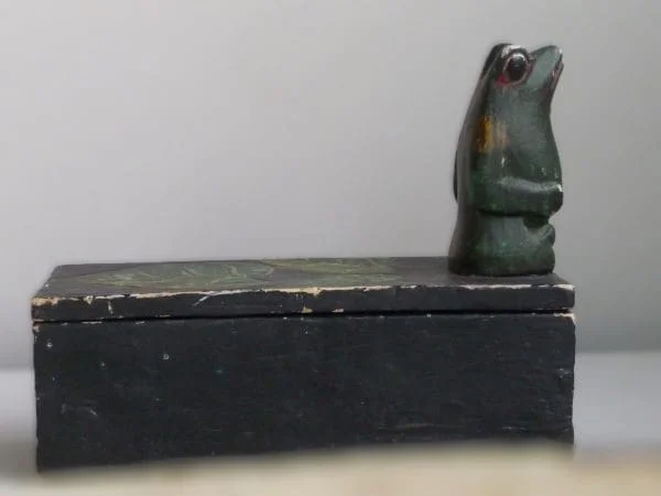 Antique Decorative Scandinavian Handmade Painted Wooden Box with frog