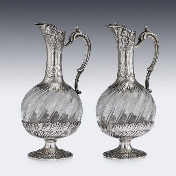 Pair of Antique Solid Silver and Glass Claret Jugs by Odiot, France Circa 1890 - Image 2