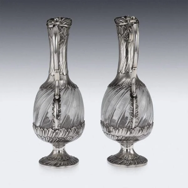 Pair of Antique Solid Silver and Glass Claret Jugs by Odiot, France Circa 1890 - Image 3