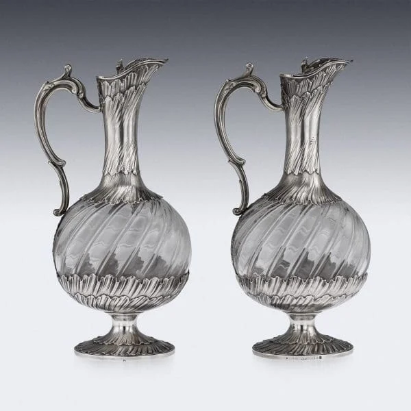 Pair of Antique Solid Silver and Glass Claret Jugs by Odiot, France Circa 1890 - Image 4