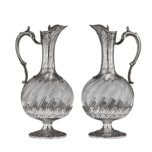 Pair of Solid Silver and Glass Claret Jugs by Odiot, France Circa 1890