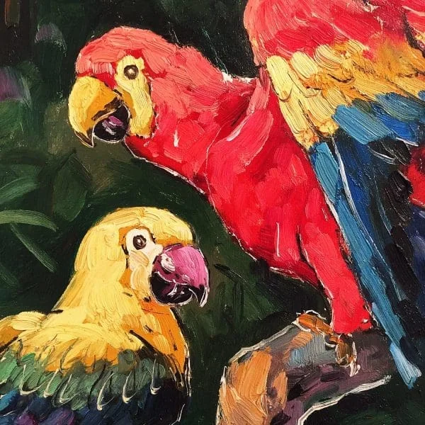 Exotic Pair of Parrots Painting, Oil on Canvas Circa 1990s - Image 2