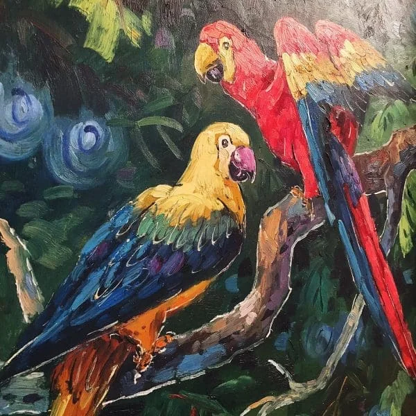 Exotic Pair of Parrots Painting, Oil on Canvas Circa 1990s - Image 3