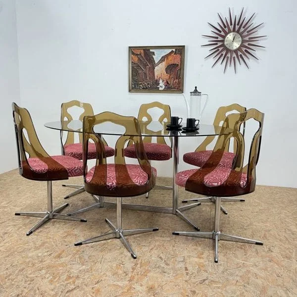 Mid Century 1960s Smoked Perspex Chairs and Glass Table