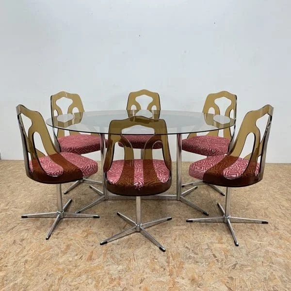 Mid Century 1960s Smoked Perspex Chairs and Glass Table