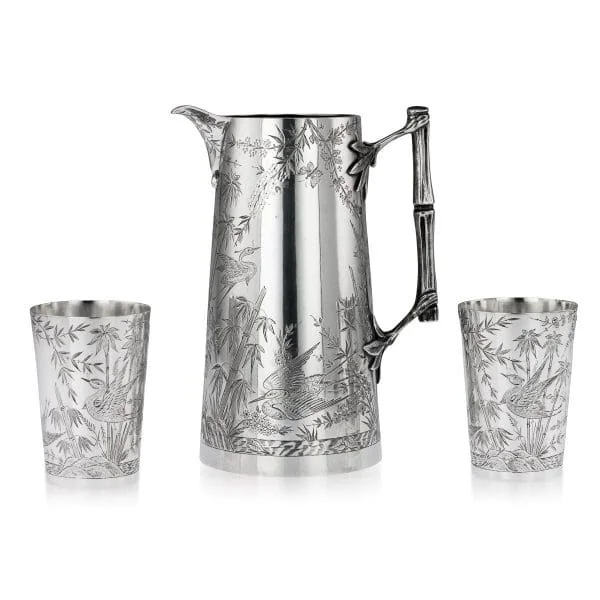 Victorian Aesthetic Movement Solid Silver Jug and Beakers, London 1883 - Image 2