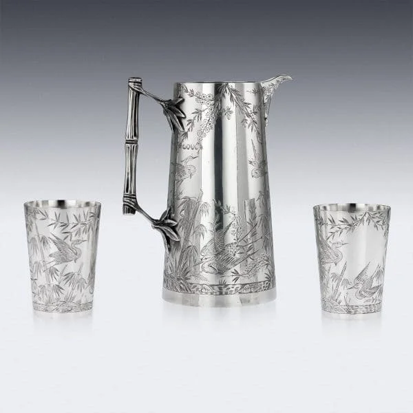 Victorian Aesthetic Movement Solid Silver Jug and Beakers, London 1883 - Image 4