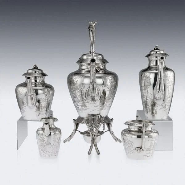 Victorian Aesthetic Movement Solid Silver Tea Service, London 1880 - Image 6