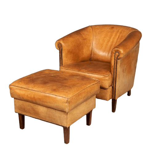 Late 20th Century Sheepskin Leather Tub Chair and Footstool, Holland