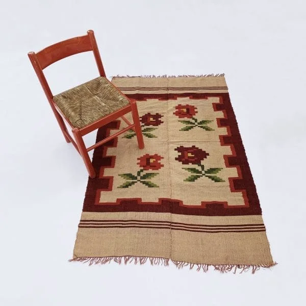 Midcentury Greek Small Wool Rug with Roses Circa 1960s - Image 2