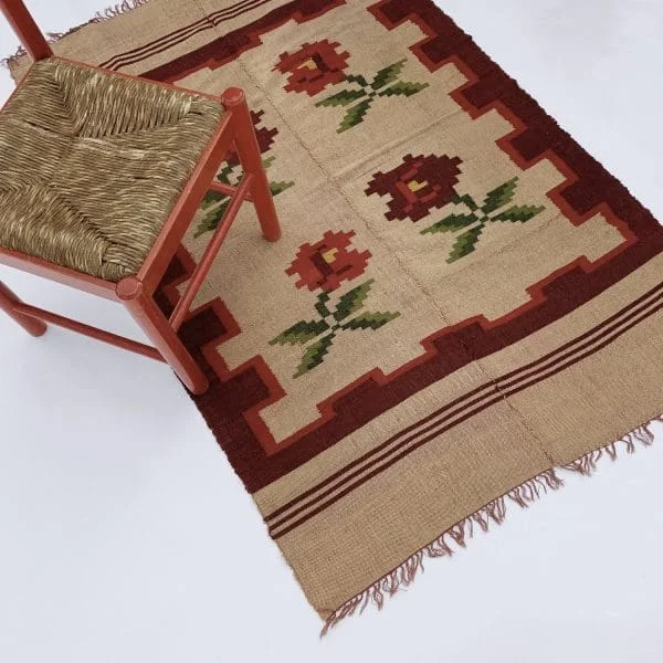 Midcentury Greek Small Wool Rug with Roses Circa 1960s - Image 3