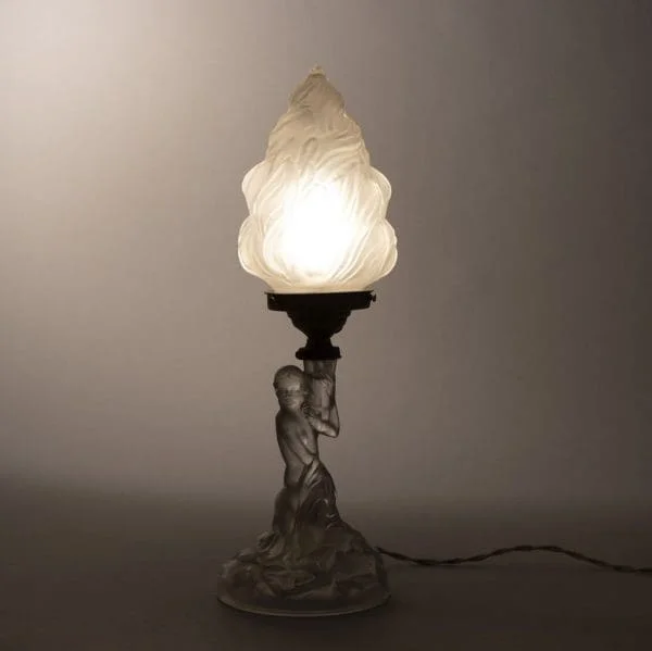 Art Deco Glass Table Lamp of a Female Nude holding a torcher lamp, British c.1930 - Image 10