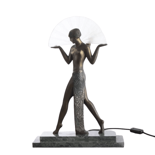 Art Deco Marble Based Figural Table Lamp with Bronzed Model of Egyptian Fan Dancer