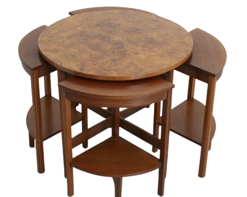 Art Deco Quartet Nest Of Tables in Walnut with Karelian Birch Top, British c.1930