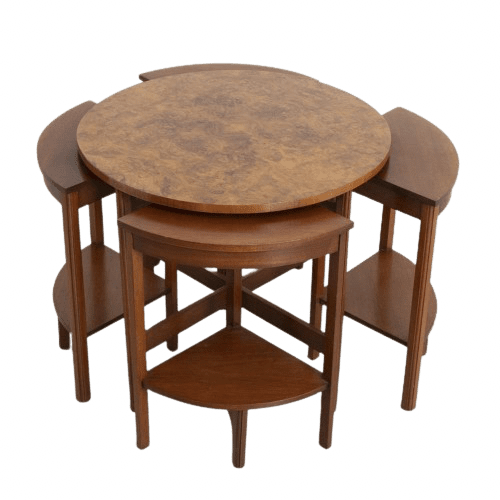 Art Deco Quartet Nest Of Tables in Walnut with Karelian Birch Top, British c.1930