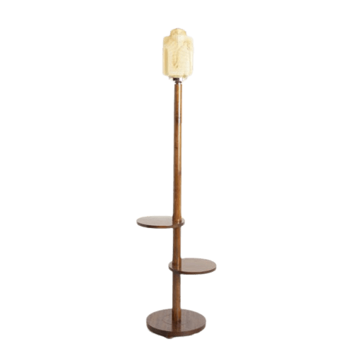 Art Deco Table Floor Lamp With Original Marbled Carmel Chrysler Building Style Skyscraper Shade