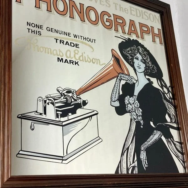 Art Nouveau Advertising Vintage Mirror Phonograph Thomas Edison - Image 3