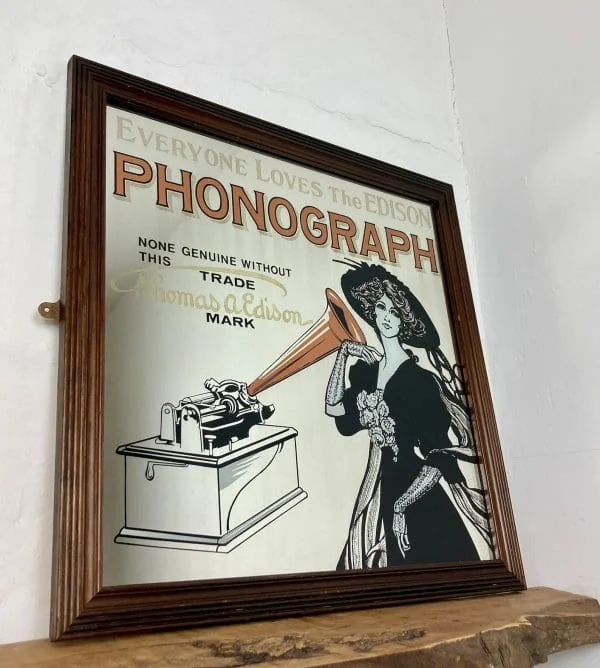 Art Nouveau Advertising Vintage Mirror Phonograph Thomas Edison - Image 6