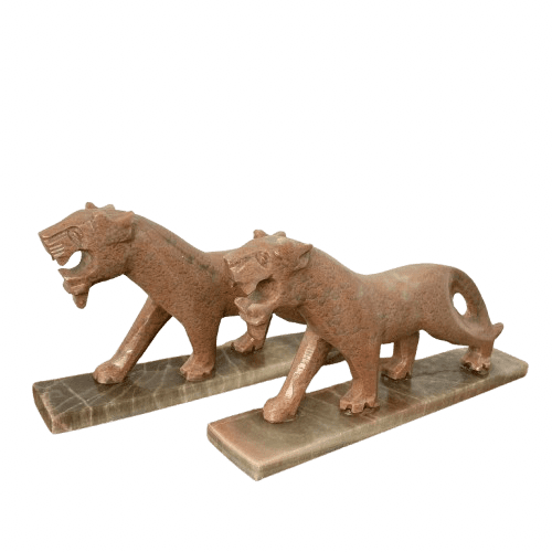 1930’s vintage period Art Deco tigers marble bookends, precious stones