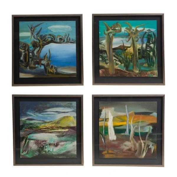 A set of four oil on aluminium Surrealist landscape paintings