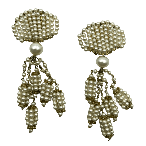 Vintage Louis Rousselet Glass Pearl Tassel Drop Earrings