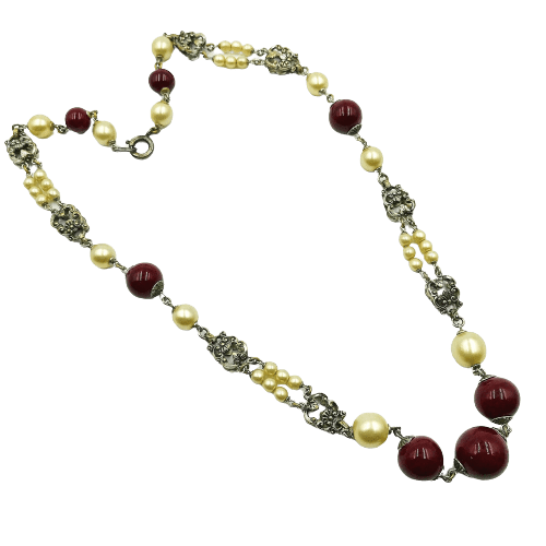 Vintage Louis Rousselet Carnelian and Glass Pearl Bead Necklace 1950s