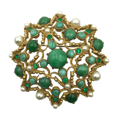 Jade Glass Cabochon and Glass Pearl Brooch