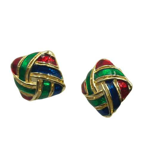 Vintage Enamel, Red, Green and Blue Ribbon Earrings