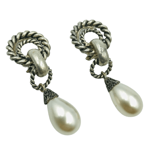 Vintage Louis Rousselet Silver and Glass Pearl Drop Earrings 1950s