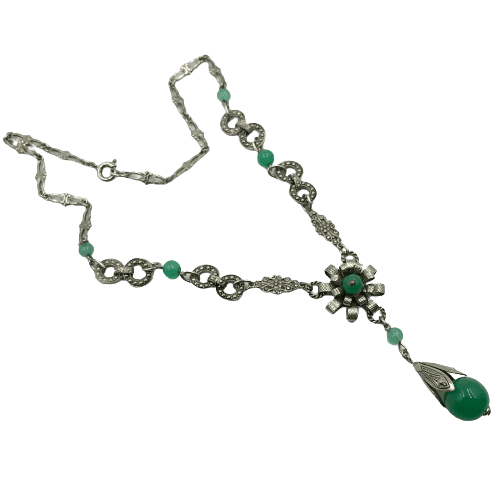 Vintage German Jade Glass Drop Necklace 1930s