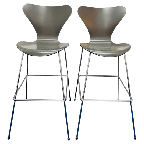 Pair Of 2005 Danish Arne Jacobsen Series 7 Dark Grey Bar Stools